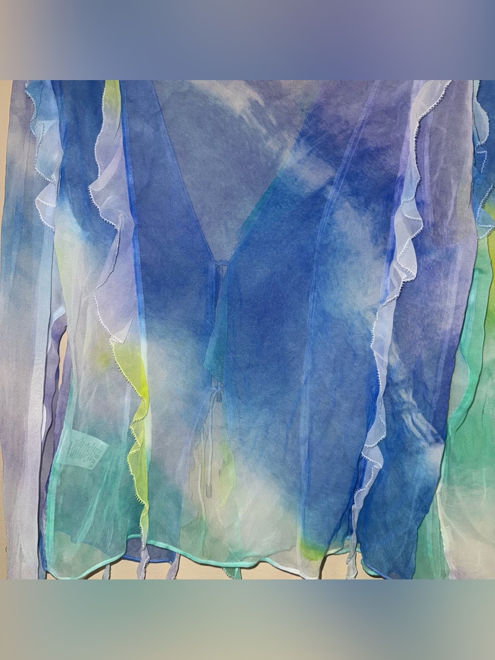 RETROFÊTE AVIVA SILK CHIFFON BLOUSE Watercolor Wave Tie Front Sheer Size L - Picture 11 of 14